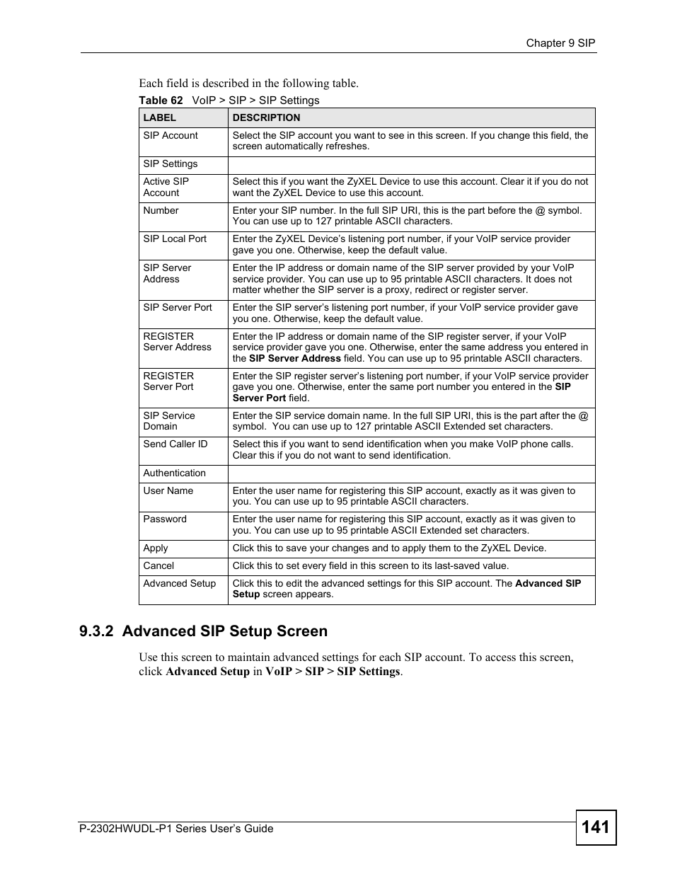 2 advanced sip setup screen, Table 62 voip > sip > sip settings | ZyXEL Communications P-2302HWUDL-P1 Series User Manual | Page 141 / 368