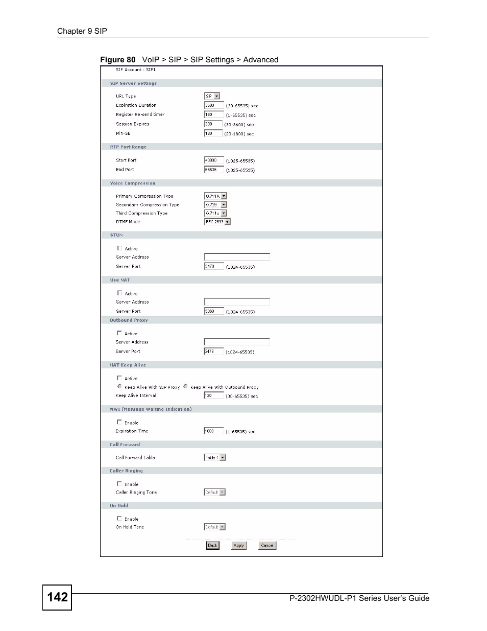 Figure 80 voip > sip > sip settings > advanced | ZyXEL Communications P-2302HWUDL-P1 Series User Manual | Page 142 / 368