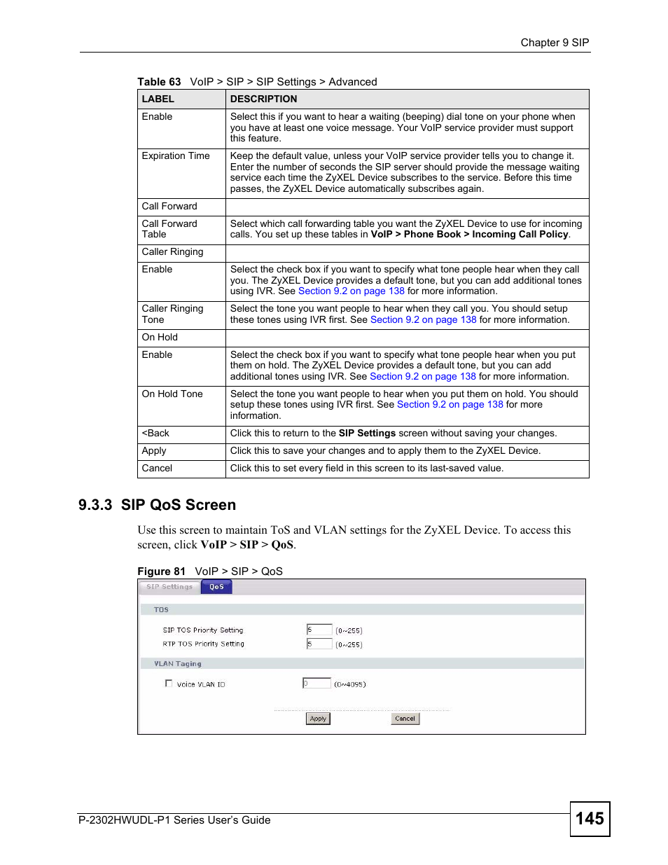 3 sip qos screen, Figure 81 voip > sip > qos | ZyXEL Communications P-2302HWUDL-P1 Series User Manual | Page 145 / 368