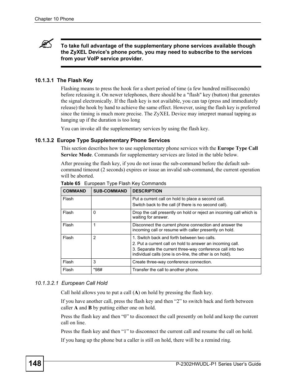 Table 65 european type flash key commands | ZyXEL Communications P-2302HWUDL-P1 Series User Manual | Page 148 / 368