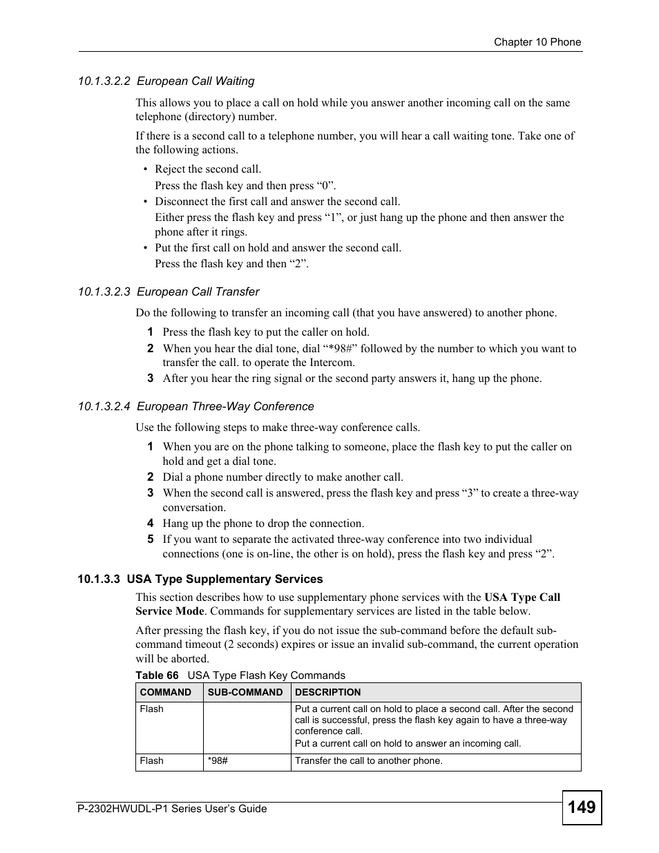 Table 66 usa type flash key commands | ZyXEL Communications P-2302HWUDL-P1 Series User Manual | Page 149 / 368