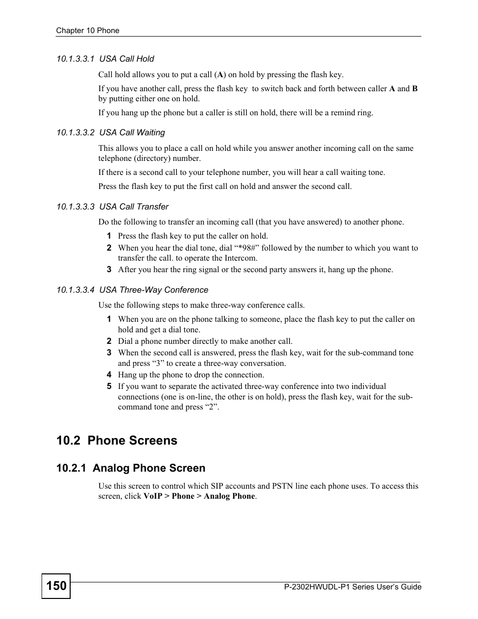 2 phone screens, 1 analog phone screen | ZyXEL Communications P-2302HWUDL-P1 Series User Manual | Page 150 / 368
