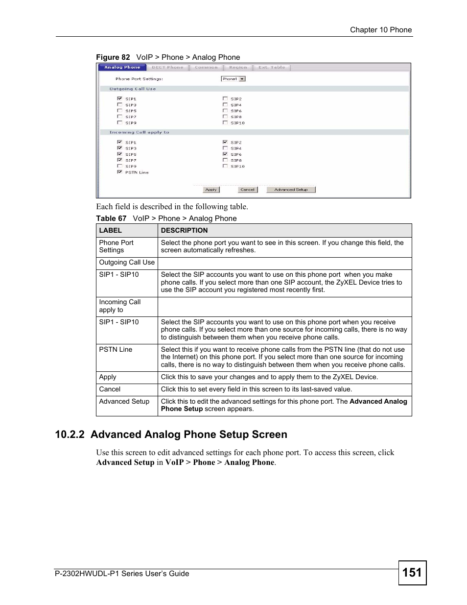 2 advanced analog phone setup screen, Figure 82 voip > phone > analog phone, Table 67 voip > phone > analog phone | ZyXEL Communications P-2302HWUDL-P1 Series User Manual | Page 151 / 368