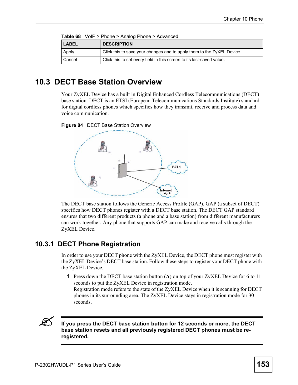 3 dect base station overview, 1 dect phone registration, Figure 84 dect base station overview | ZyXEL Communications P-2302HWUDL-P1 Series User Manual | Page 153 / 368
