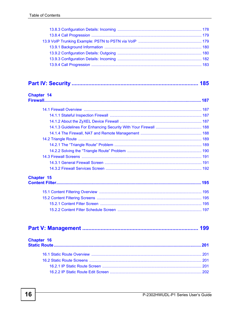 Part iv: security, Part v: management | ZyXEL Communications P-2302HWUDL-P1 Series User Manual | Page 16 / 368