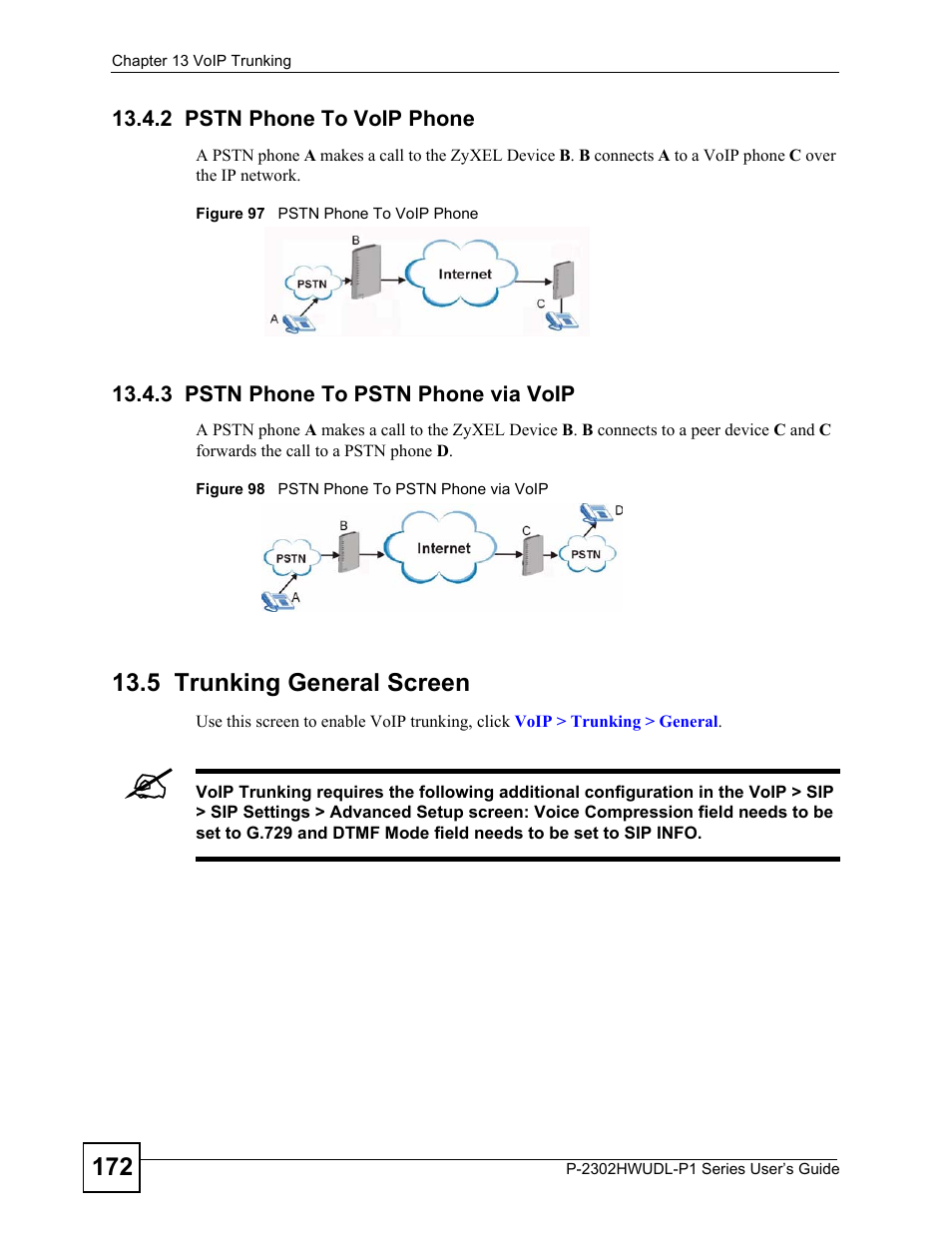 2 pstn phone to voip phone, 3 pstn phone to pstn phone via voip, 5 trunking general screen | ZyXEL Communications P-2302HWUDL-P1 Series User Manual | Page 172 / 368