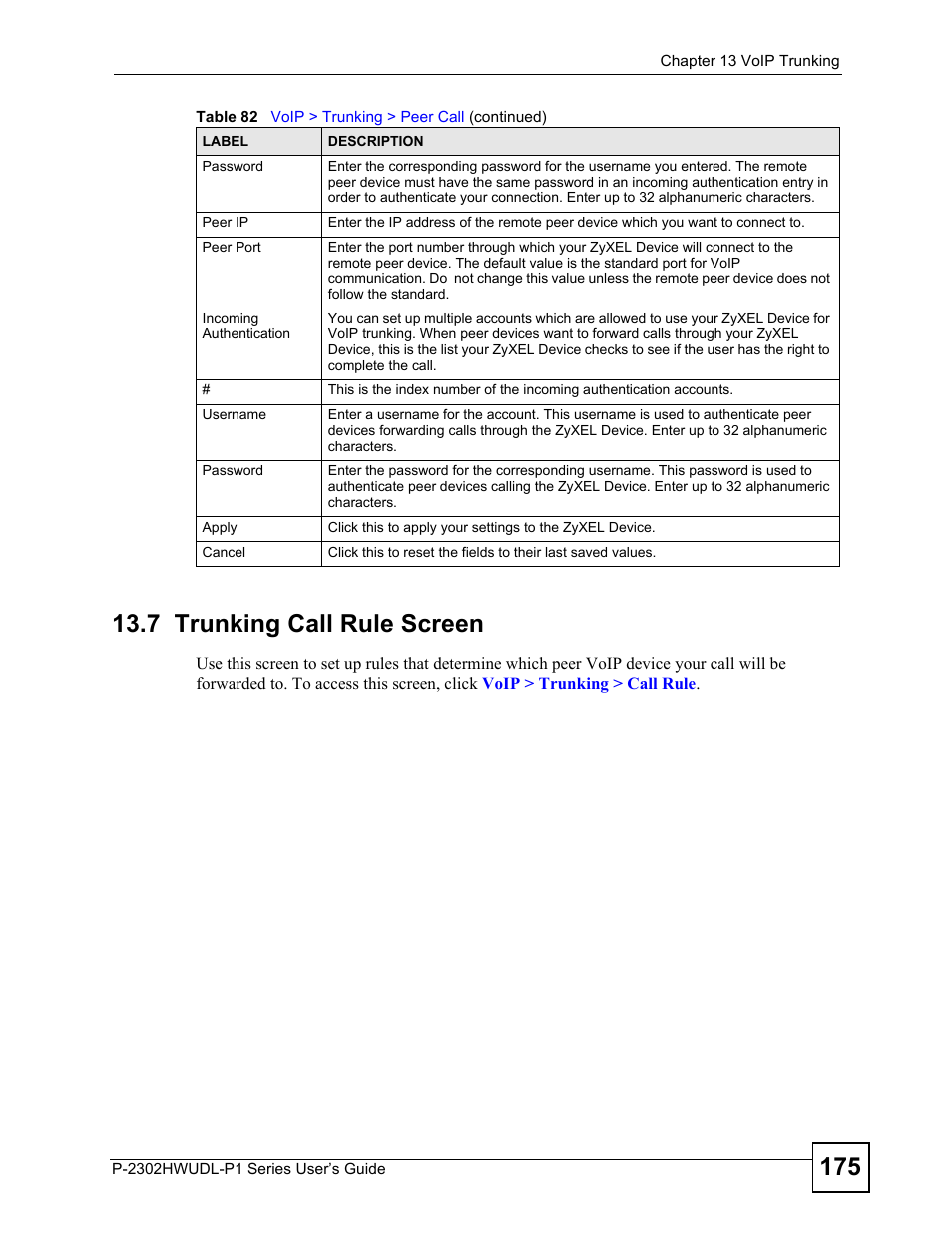 7 trunking call rule screen | ZyXEL Communications P-2302HWUDL-P1 Series User Manual | Page 175 / 368