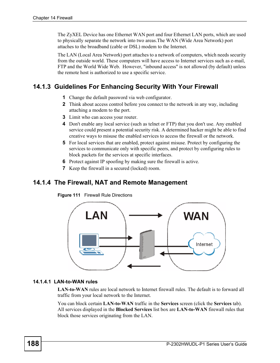 4 the firewall, nat and remote management, Figure 111 firewall rule directions | ZyXEL Communications P-2302HWUDL-P1 Series User Manual | Page 188 / 368