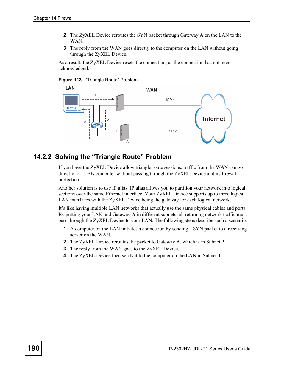 2 solving the “triangle route” problem, Figure 113 “triangle route” problem | ZyXEL Communications P-2302HWUDL-P1 Series User Manual | Page 190 / 368