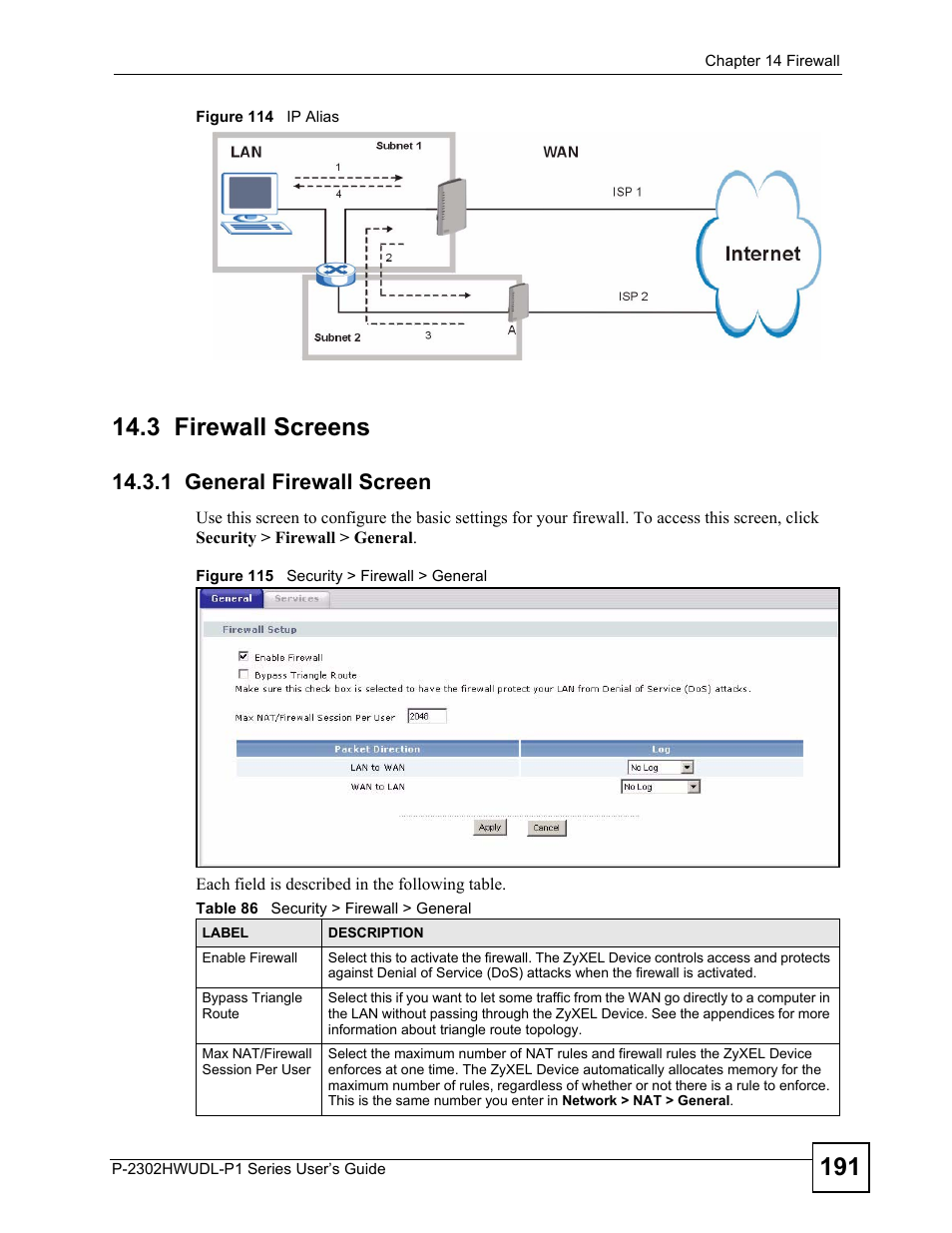 3 firewall screens, 1 general firewall screen, Table 86 security > firewall > general | ZyXEL Communications P-2302HWUDL-P1 Series User Manual | Page 191 / 368
