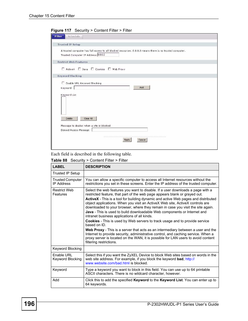 Figure 117 security > content filter > filter, Table 88 security > content filter > filter | ZyXEL Communications P-2302HWUDL-P1 Series User Manual | Page 196 / 368