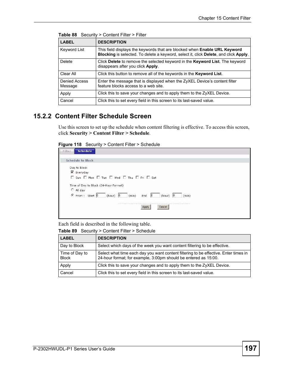 2 content filter schedule screen, Figure 118 security > content filter > schedule, Table 89 security > content filter > schedule | ZyXEL Communications P-2302HWUDL-P1 Series User Manual | Page 197 / 368