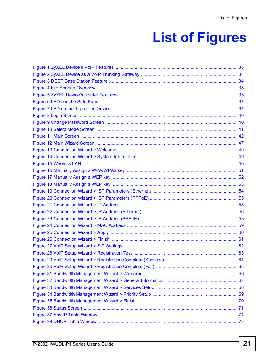 List of figures | ZyXEL Communications P-2302HWUDL-P1 Series User Manual | Page 21 / 368