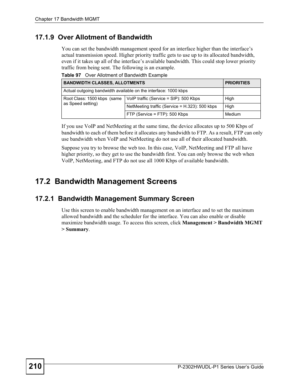 9 over allotment of bandwidth, 2 bandwidth management screens, 1 bandwidth management summary screen | Table 97 over allotment of bandwidth example | ZyXEL Communications P-2302HWUDL-P1 Series User Manual | Page 210 / 368