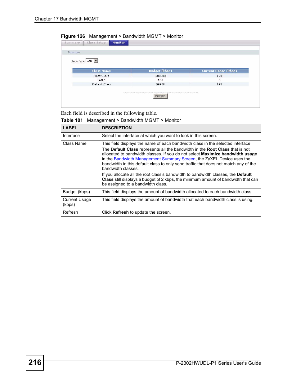 Figure 126 management > bandwidth mgmt > monitor, Table 101 management > bandwidth mgmt > monitor | ZyXEL Communications P-2302HWUDL-P1 Series User Manual | Page 216 / 368