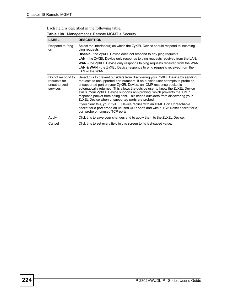 Table 108 management > remote mgmt > security | ZyXEL Communications P-2302HWUDL-P1 Series User Manual | Page 224 / 368