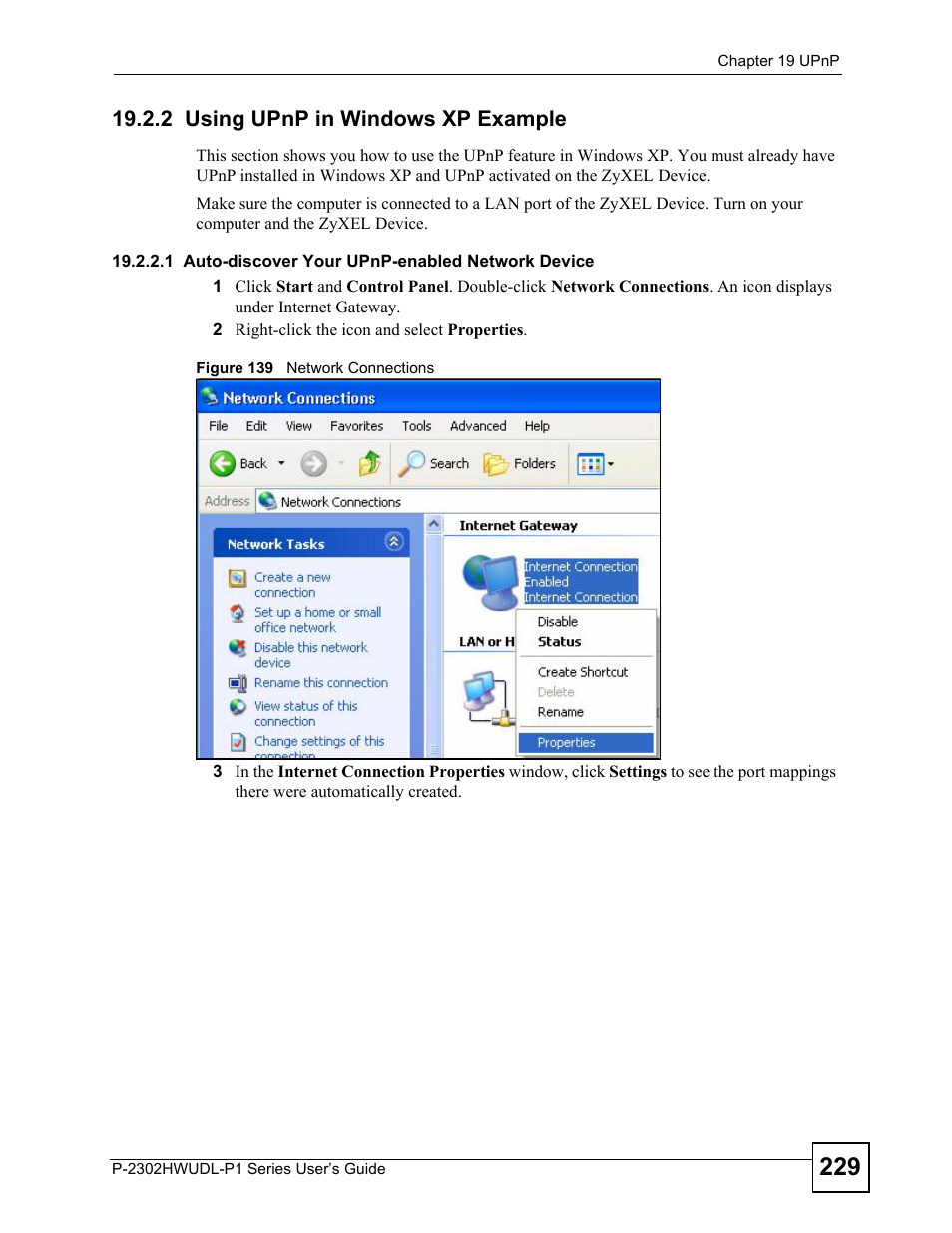 2 using upnp in windows xp example, Figure 139 network connections | ZyXEL Communications P-2302HWUDL-P1 Series User Manual | Page 229 / 368