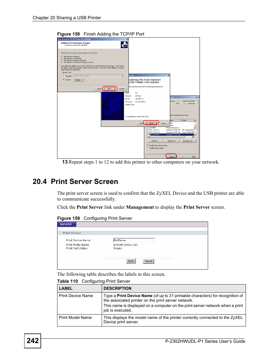 4 print server screen, Table 110 configuring print server | ZyXEL Communications P-2302HWUDL-P1 Series User Manual | Page 242 / 368