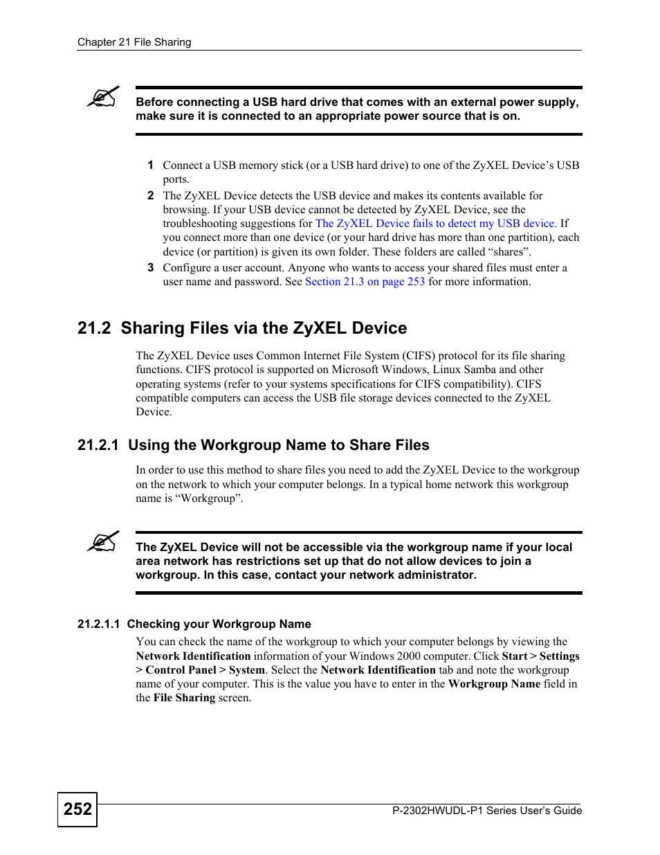 2 sharing files via the zyxel device, 1 using the workgroup name to share files | ZyXEL Communications P-2302HWUDL-P1 Series User Manual | Page 252 / 368