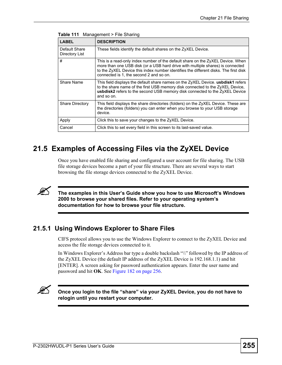 5 examples of accessing files via the zyxel device, 1 using windows explorer to share files | ZyXEL Communications P-2302HWUDL-P1 Series User Manual | Page 255 / 368