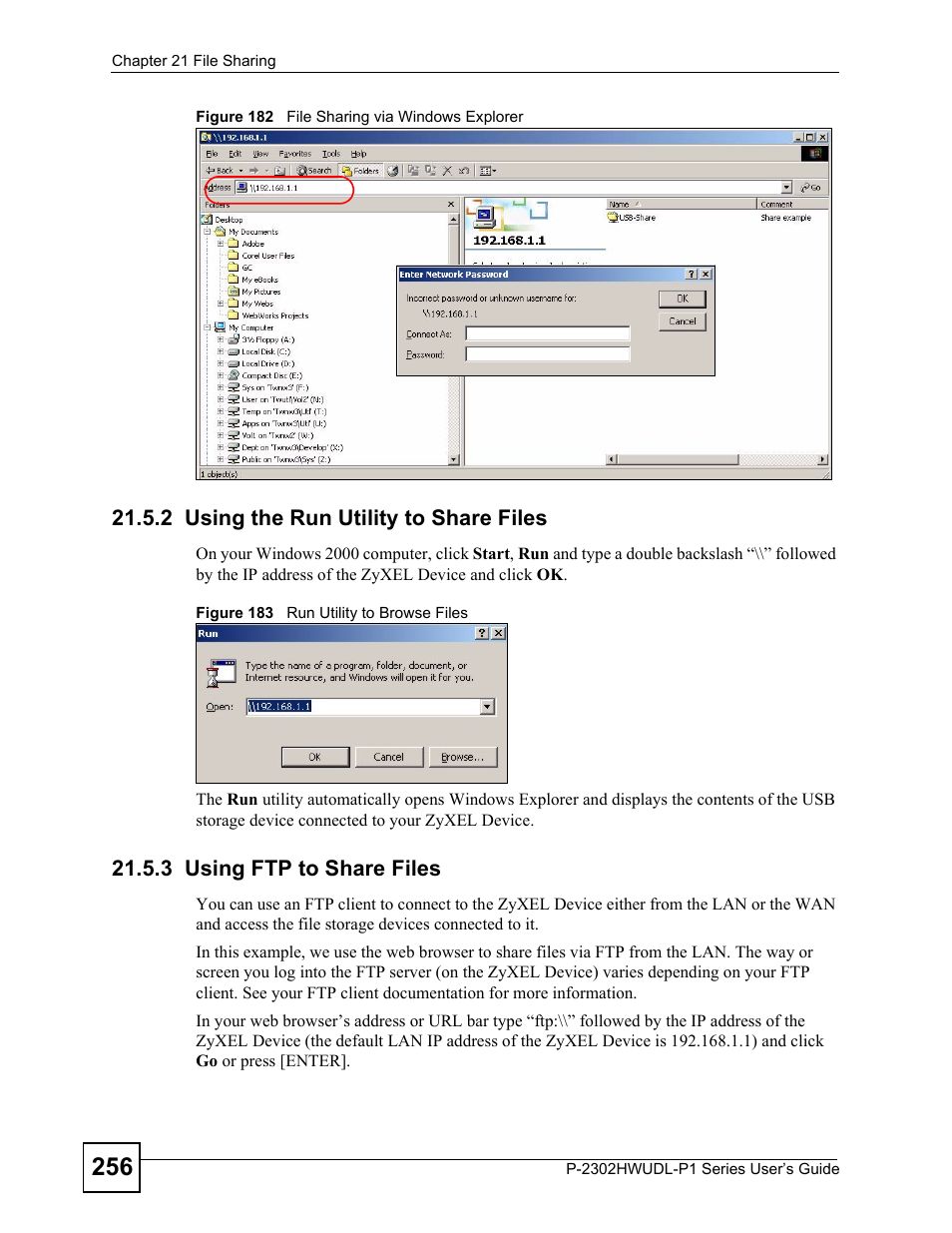 2 using the run utility to share files, 3 using ftp to share files | ZyXEL Communications P-2302HWUDL-P1 Series User Manual | Page 256 / 368