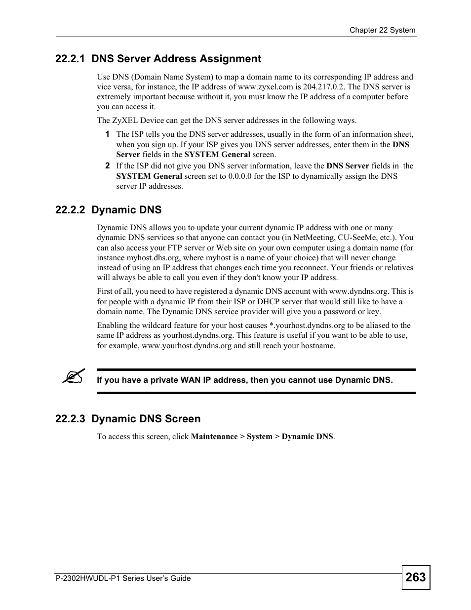 1 dns server address assignment, 2 dynamic dns, 3 dynamic dns screen | ZyXEL Communications P-2302HWUDL-P1 Series User Manual | Page 263 / 368