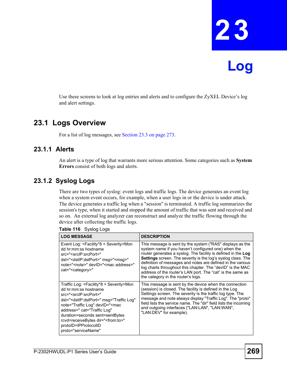 1 logs overview, 1 alerts, 2 syslog logs | Chapter 23 log, 1 alerts 23.1.2 syslog logs, Table 116 syslog logs, Log (269) | ZyXEL Communications P-2302HWUDL-P1 Series User Manual | Page 269 / 368