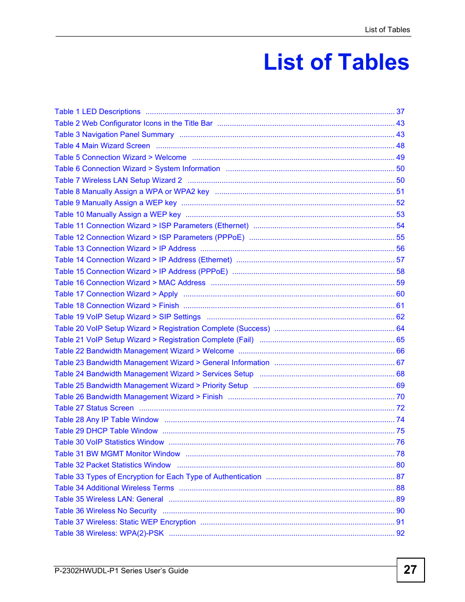 List of tables | ZyXEL Communications P-2302HWUDL-P1 Series User Manual | Page 27 / 368