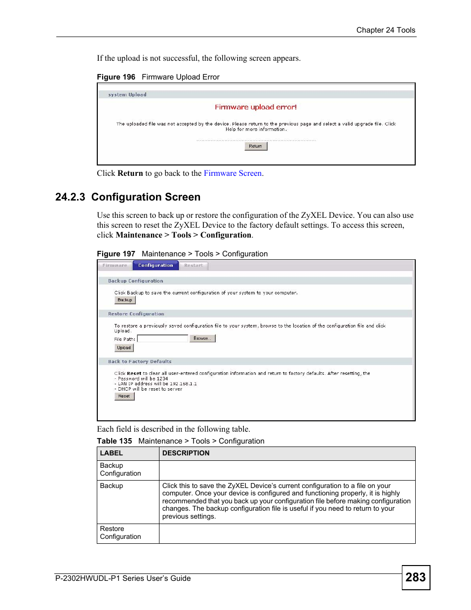 3 configuration screen, Table 135 maintenance > tools > configuration | ZyXEL Communications P-2302HWUDL-P1 Series User Manual | Page 283 / 368
