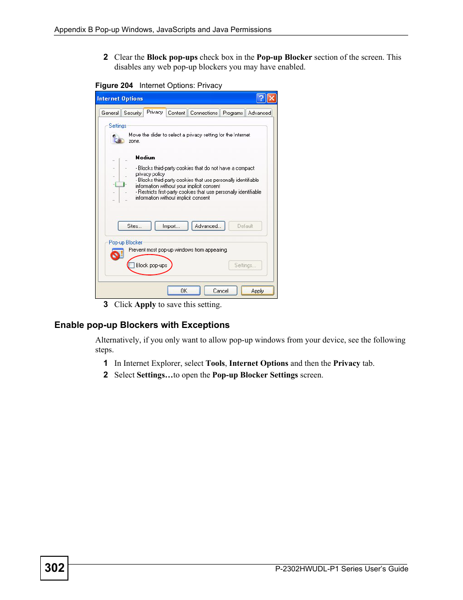 Figure 204 internet options: privacy | ZyXEL Communications P-2302HWUDL-P1 Series User Manual | Page 302 / 368
