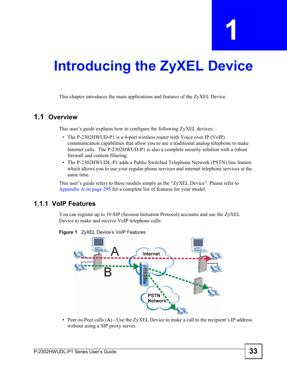 Introducing the zyxel device, 1 overview, 1 voip features | Chapter 1 introducing the zyxel device, Figure 1 zyxel device’s voip features, Introducing the zyxel device (33) | ZyXEL Communications P-2302HWUDL-P1 Series User Manual | Page 33 / 368