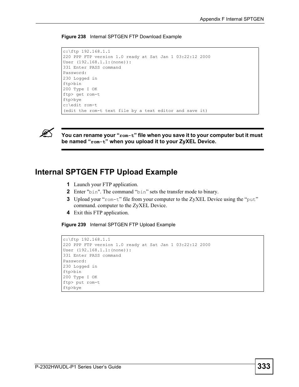 Internal sptgen ftp upload example | ZyXEL Communications P-2302HWUDL-P1 Series User Manual | Page 333 / 368