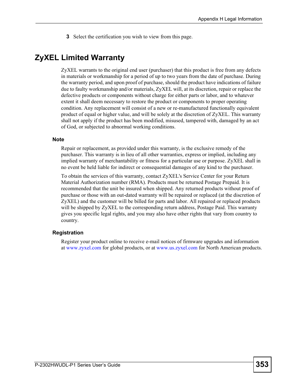 Zyxel limited warranty | ZyXEL Communications P-2302HWUDL-P1 Series User Manual | Page 353 / 368