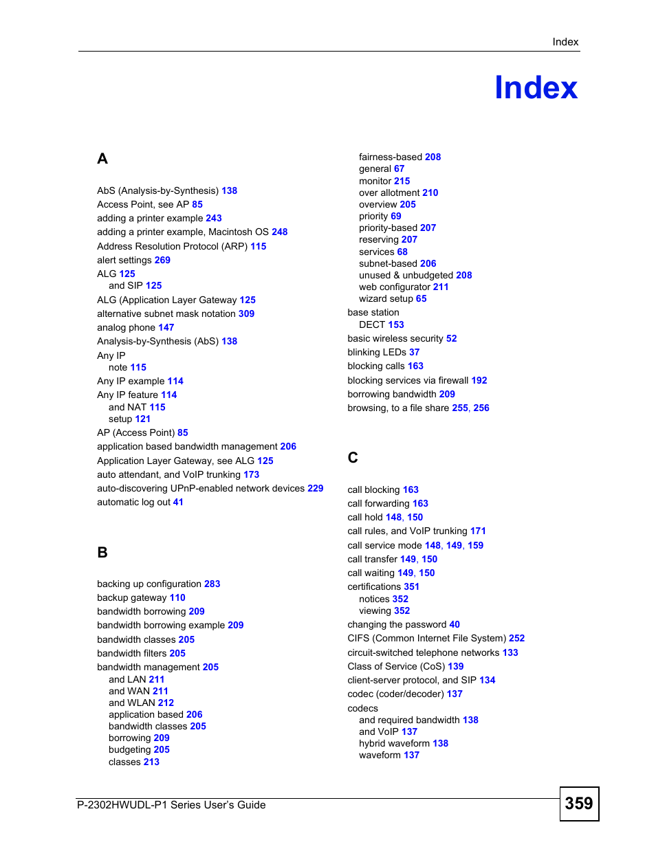 Index, Index (359) | ZyXEL Communications P-2302HWUDL-P1 Series User Manual | Page 359 / 368
