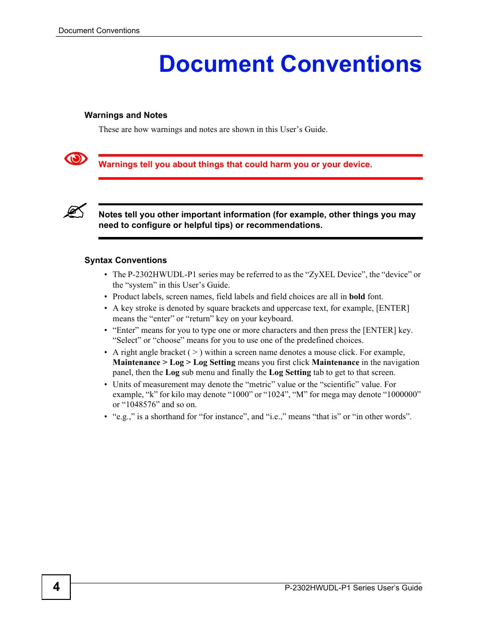 Document conventions | ZyXEL Communications P-2302HWUDL-P1 Series User Manual | Page 4 / 368