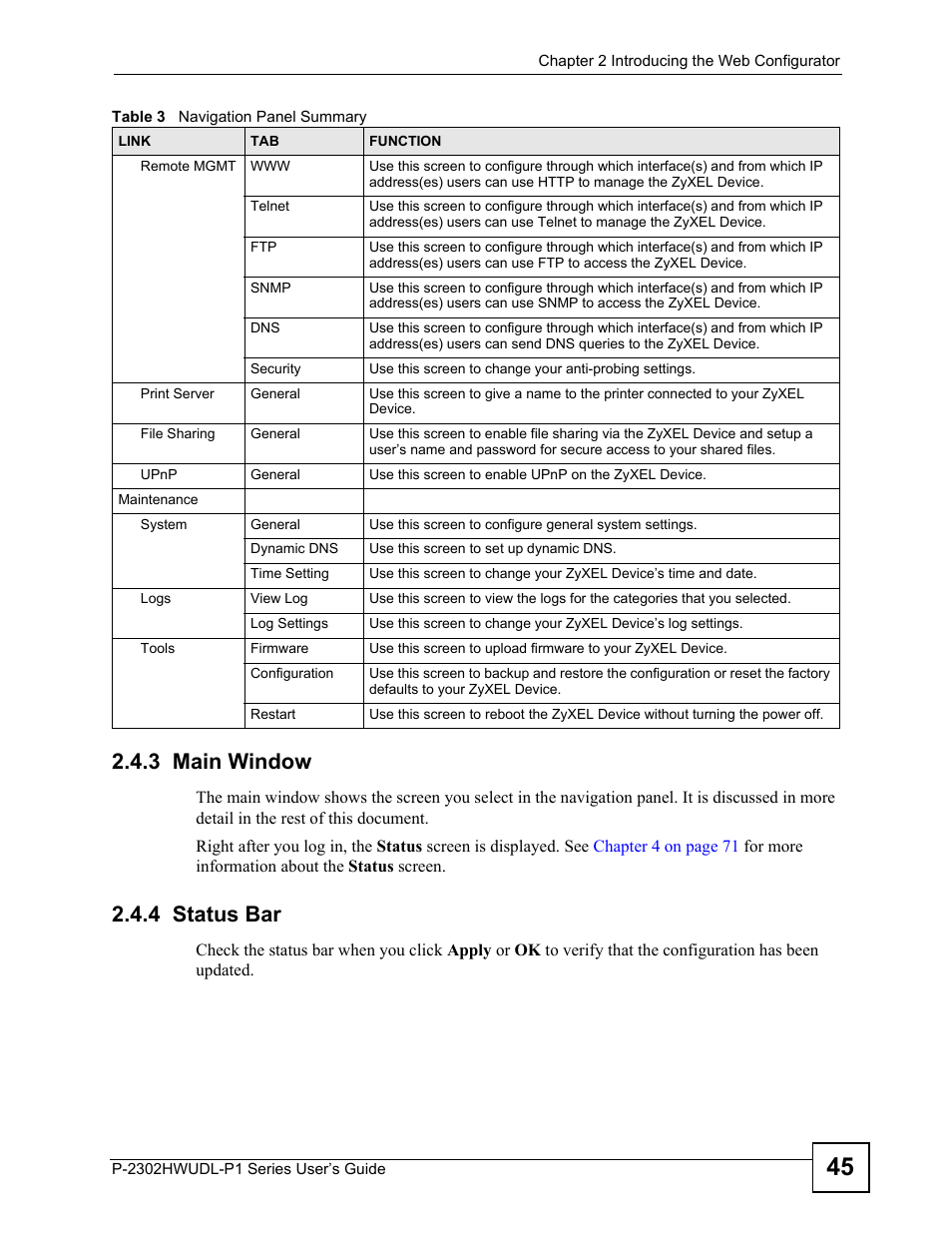 3 main window, 4 status bar, 3 main window 2.4.4 status bar | ZyXEL Communications P-2302HWUDL-P1 Series User Manual | Page 45 / 368