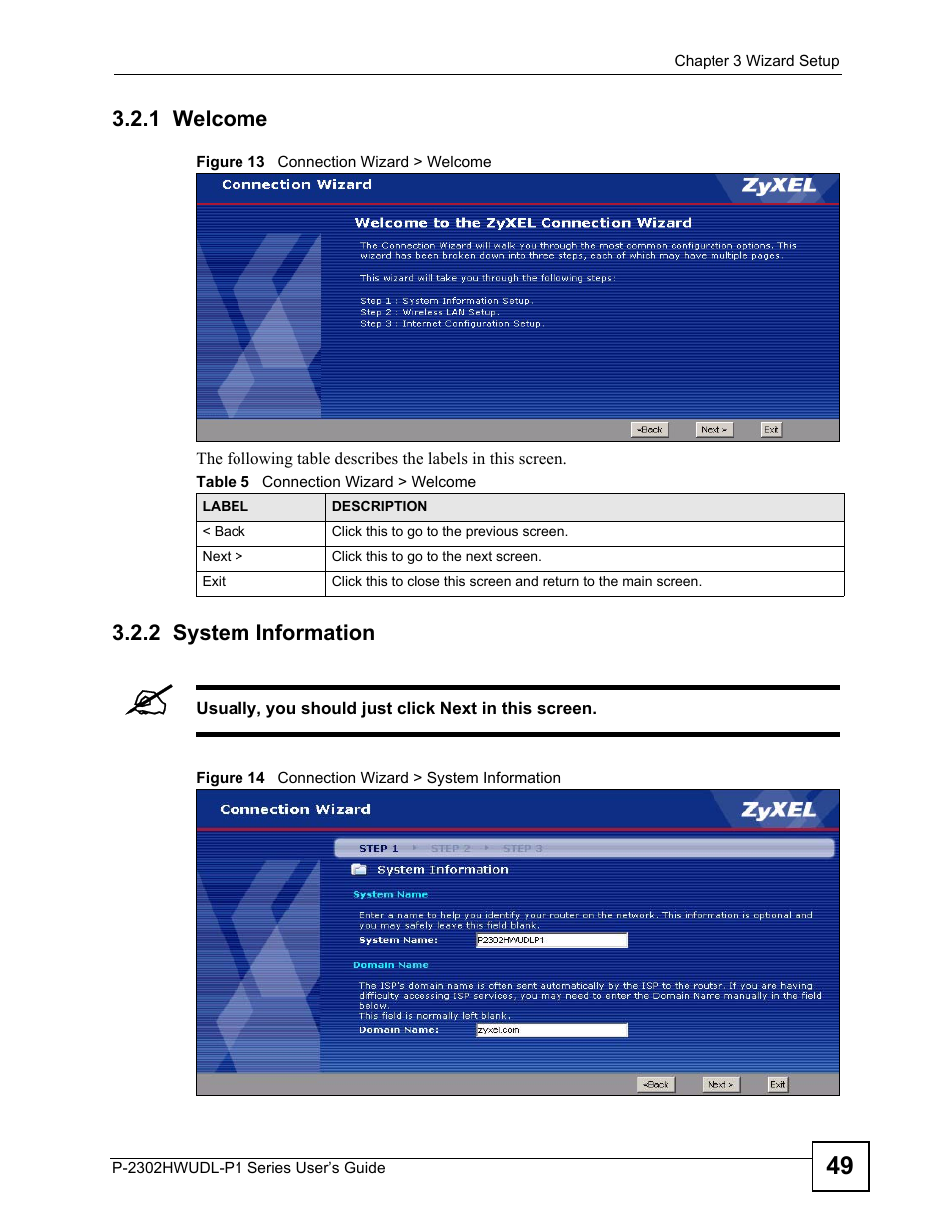 1 welcome, 2 system information, 1 welcome 3.2.2 system information | Table 5 connection wizard > welcome | ZyXEL Communications P-2302HWUDL-P1 Series User Manual | Page 49 / 368
