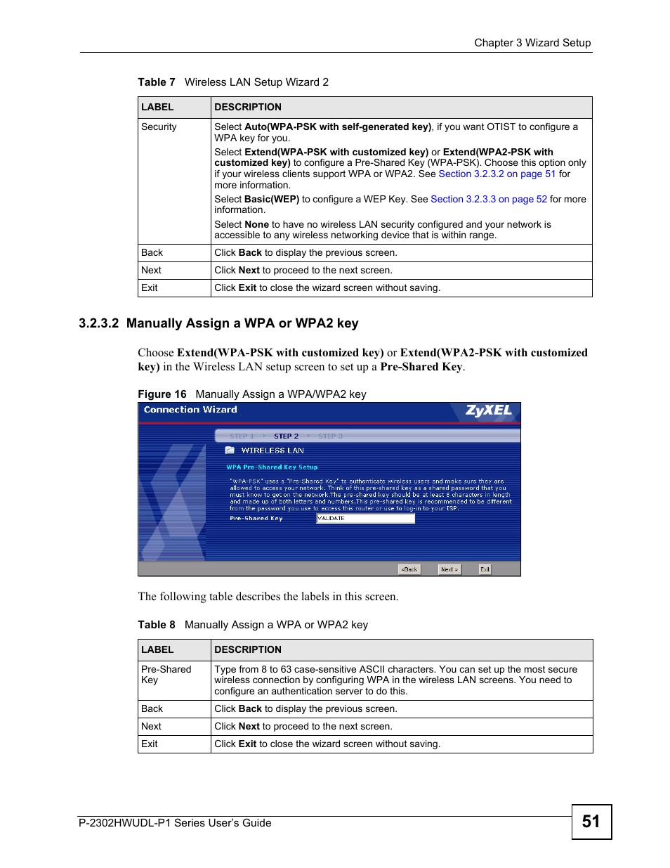 Figure 16 manually assign a wpa/wpa2 key, Table 8 manually assign a wpa or wpa2 key | ZyXEL Communications P-2302HWUDL-P1 Series User Manual | Page 51 / 368