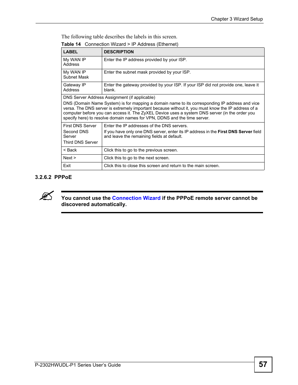 Table 14 connection wizard > ip address (ethernet) | ZyXEL Communications P-2302HWUDL-P1 Series User Manual | Page 57 / 368