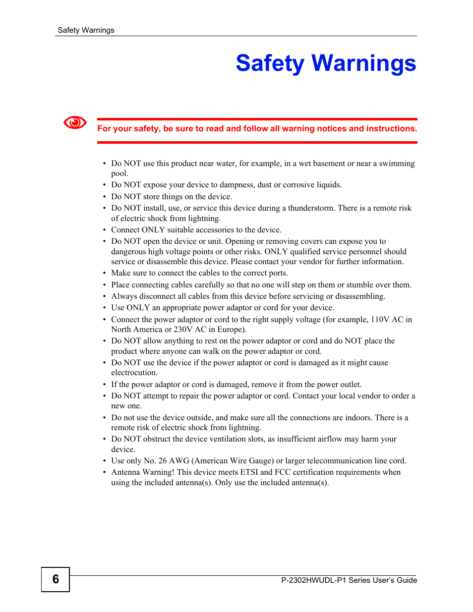 Safety warnings | ZyXEL Communications P-2302HWUDL-P1 Series User Manual | Page 6 / 368