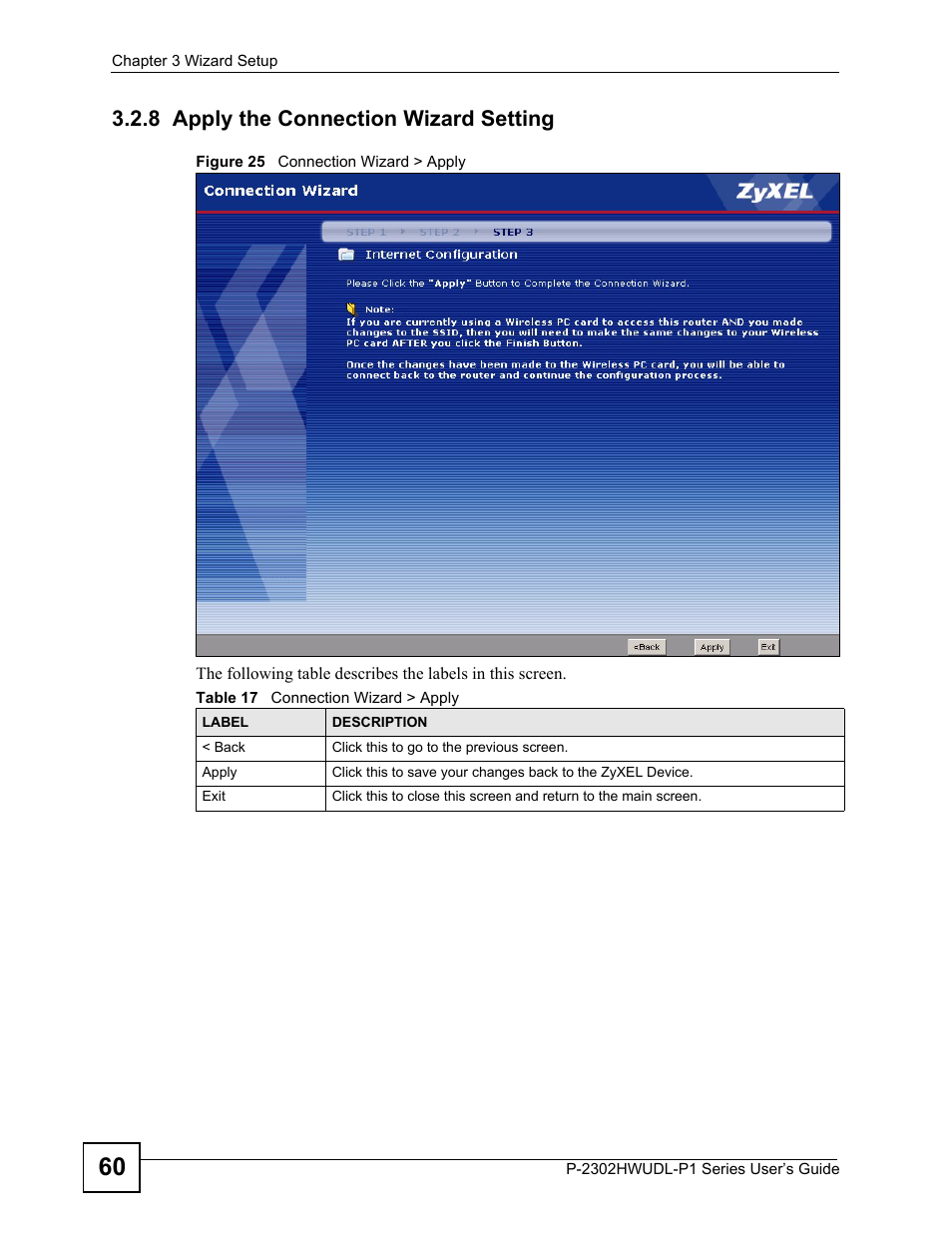 8 apply the connection wizard setting, Figure 25 connection wizard > apply, Table 17 connection wizard > apply | ZyXEL Communications P-2302HWUDL-P1 Series User Manual | Page 60 / 368