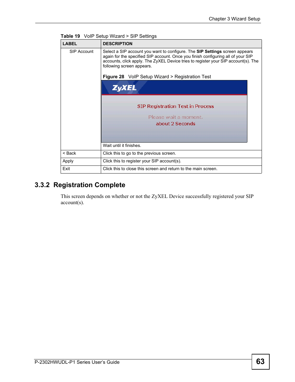 2 registration complete, Figure 28 voip setup wizard > registration test | ZyXEL Communications P-2302HWUDL-P1 Series User Manual | Page 63 / 368