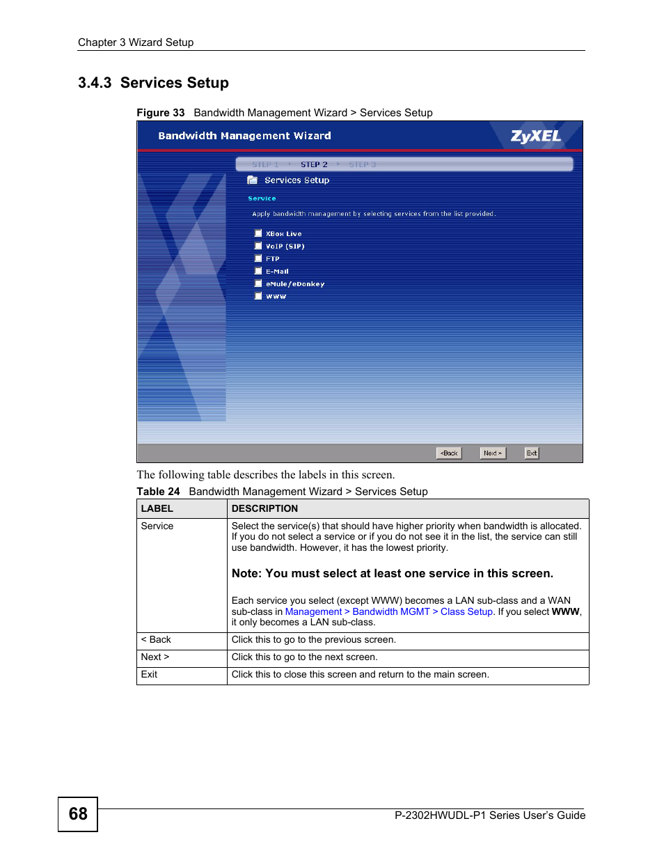 3 services setup | ZyXEL Communications P-2302HWUDL-P1 Series User Manual | Page 68 / 368