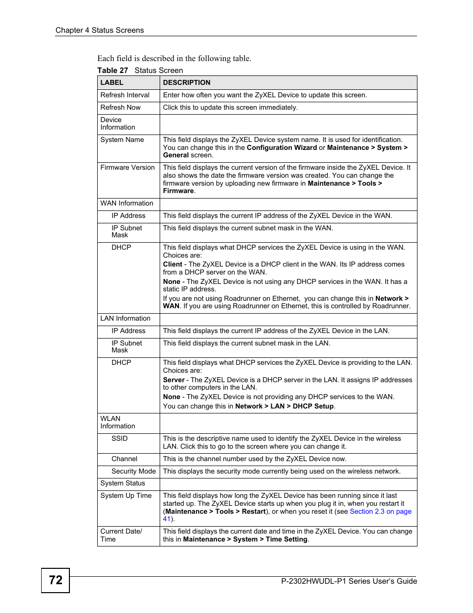 Table 27 status screen | ZyXEL Communications P-2302HWUDL-P1 Series User Manual | Page 72 / 368