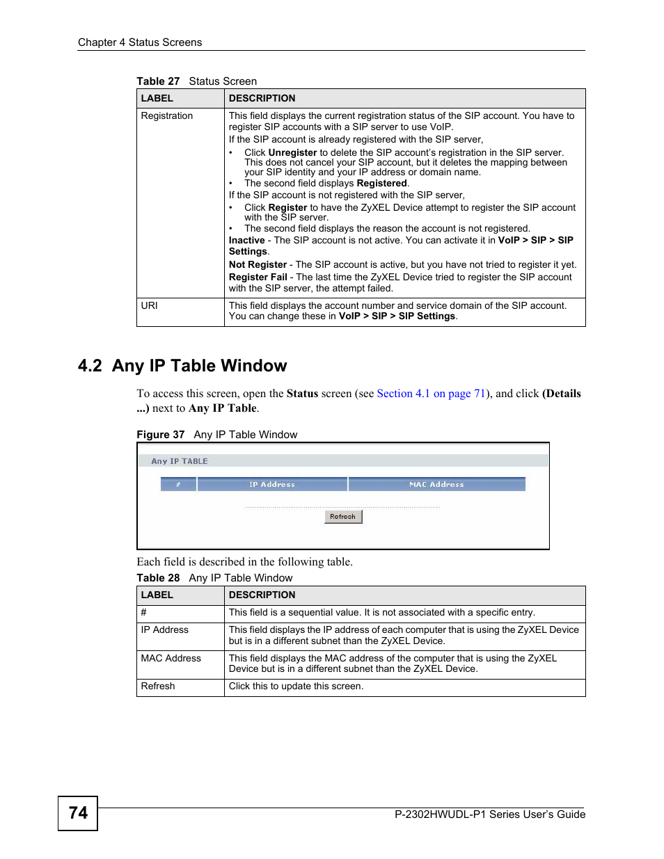 2 any ip table window, Figure 37 any ip table window, Table 28 any ip table window | 74 4.2 any ip table window | ZyXEL Communications P-2302HWUDL-P1 Series User Manual | Page 74 / 368