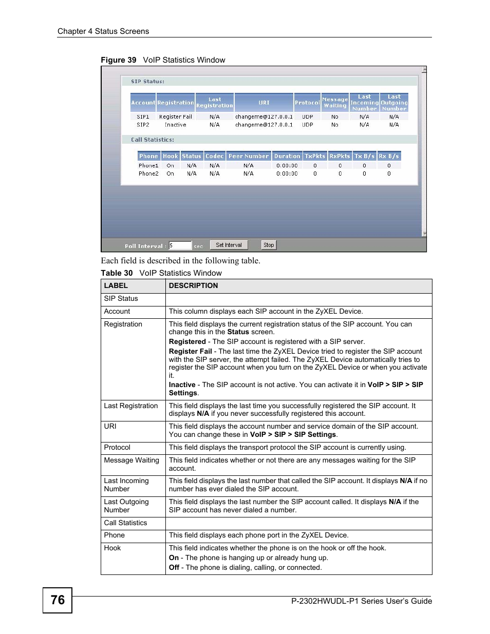 Figure 39 voip statistics window, Table 30 voip statistics window | ZyXEL Communications P-2302HWUDL-P1 Series User Manual | Page 76 / 368