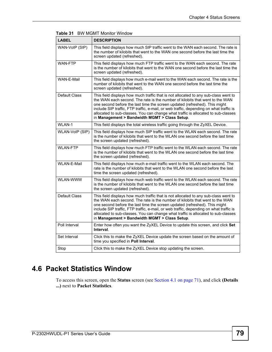 6 packet statistics window, 79 4.6 packet statistics window | ZyXEL Communications P-2302HWUDL-P1 Series User Manual | Page 79 / 368