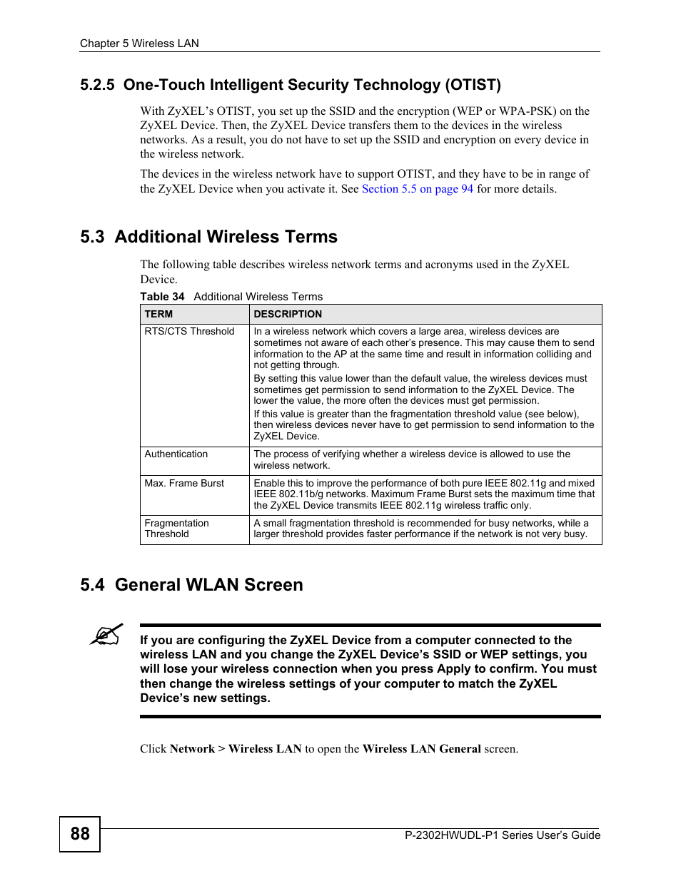 3 additional wireless terms, 4 general wlan screen, Table 34 additional wireless terms | ZyXEL Communications P-2302HWUDL-P1 Series User Manual | Page 88 / 368