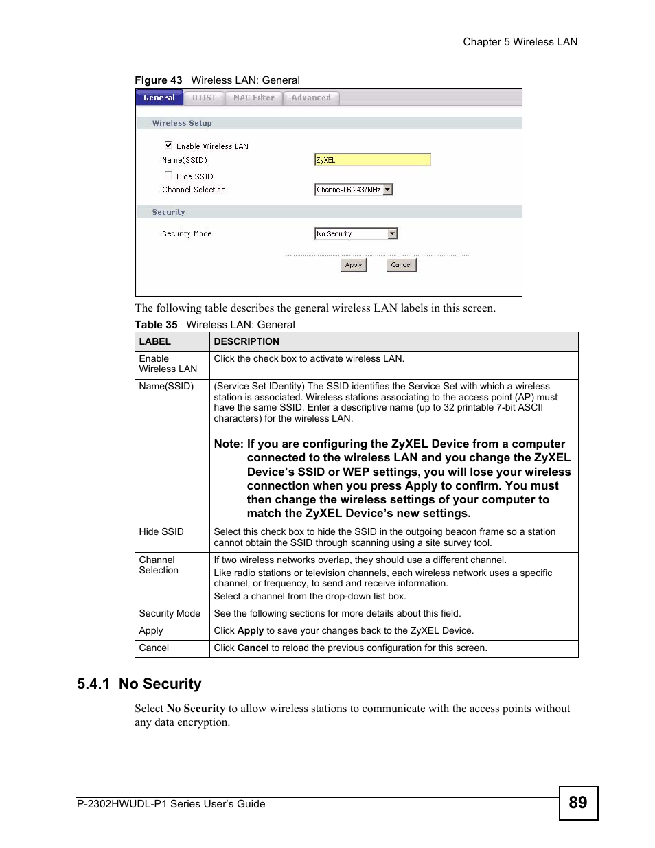 1 no security, Figure 43 wireless lan: general, Table 35 wireless lan: general | ZyXEL Communications P-2302HWUDL-P1 Series User Manual | Page 89 / 368