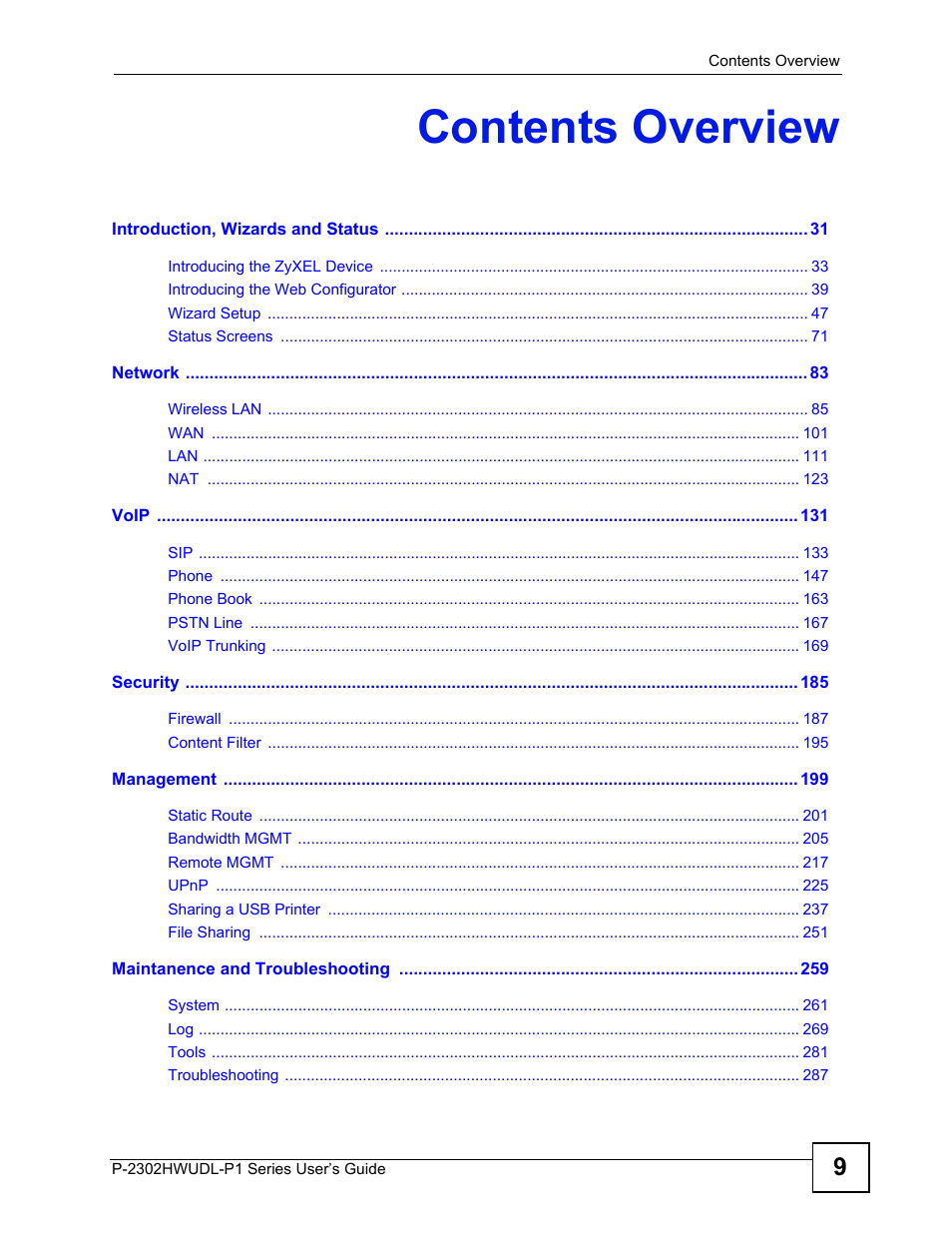 Contents overview | ZyXEL Communications P-2302HWUDL-P1 Series User Manual | Page 9 / 368